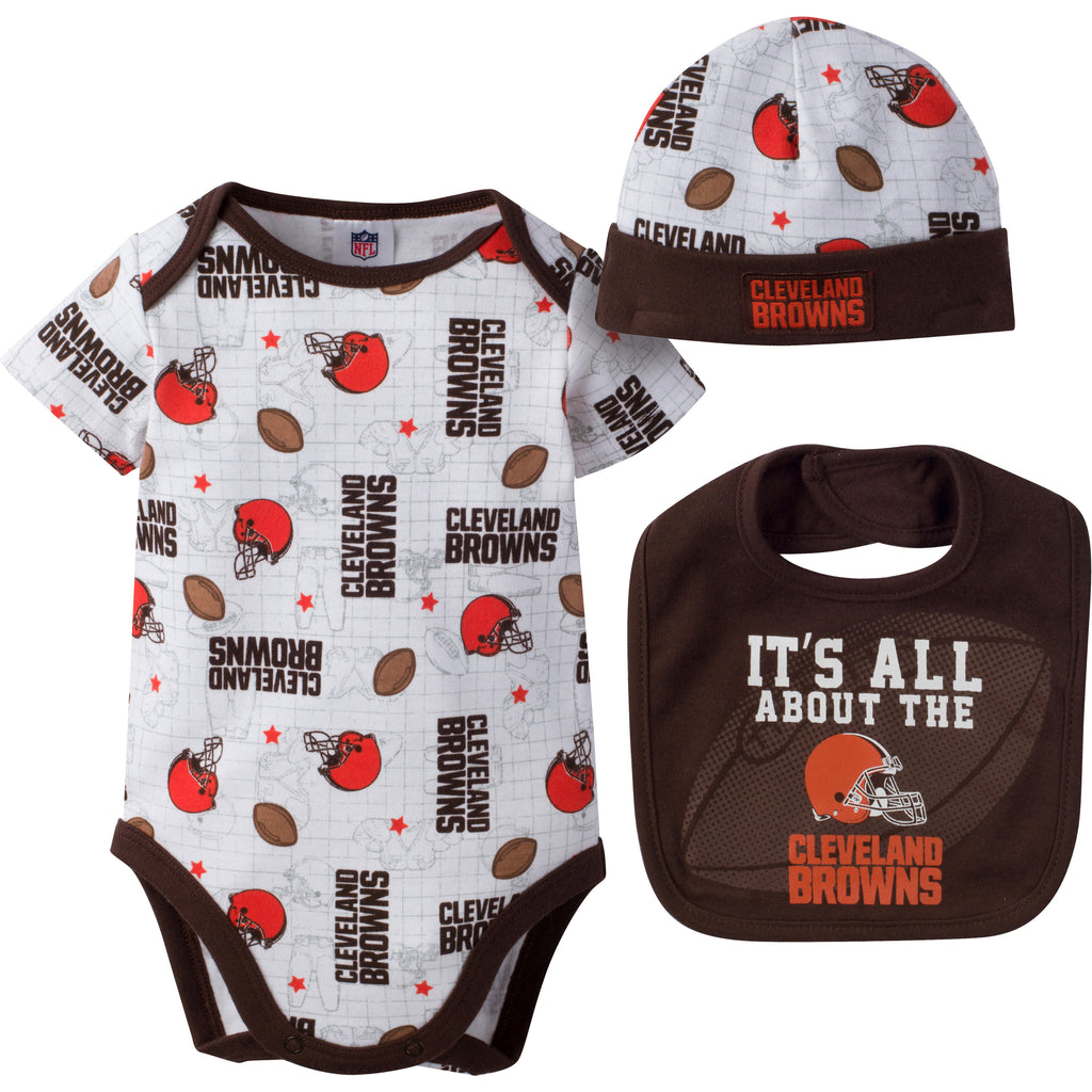 NFL 3-Piece Baby Girls Cleveland Browns Bodysuit, Pant, and Cap Set - 3-6mo