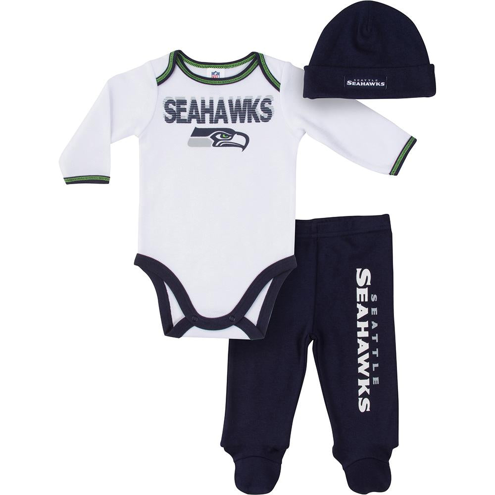 Seahawks Baby Boys 3-Piece Bodysuit, Pant, and Cap Set – babyfans