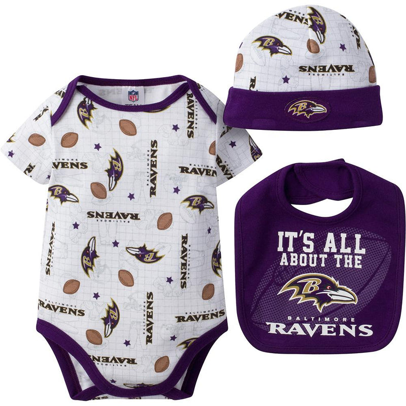 Baltimore Ravens Baby Piece Bodysuit, Bib and Cap Set