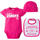 Kansas City Chiefs Girls 3 Piece Bodysuit, Bib and Cap Set