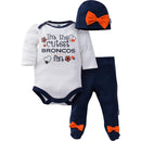 Broncos Baby Girls Bodysuit, Pant and Cap Set