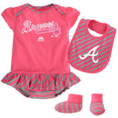 Braves Girl Pink Striped Bib, Bootie and Creeper Set