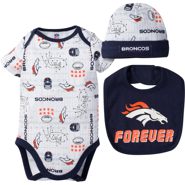 NFL Denver Broncos Baby Boys Bodysuit, Bib and Cap Outfit Set, 3