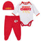 Newest Chiefs Fan Baby Boy Bodysuit, Footed Pant & Cap Set