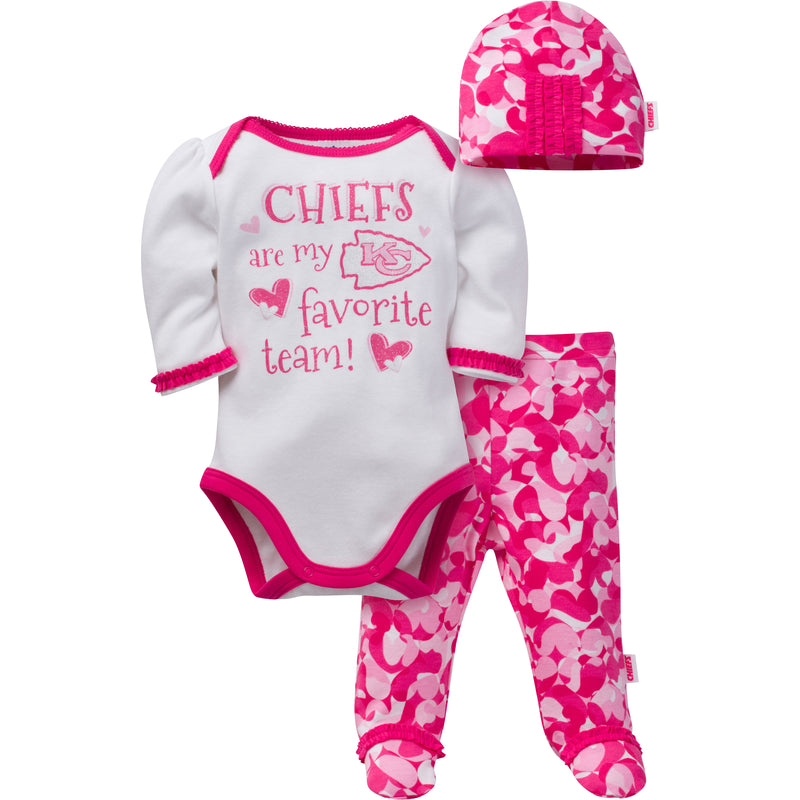 Kansas City Chiefs Baby Girls 3 Piece Bodysuit, Footed Pant and Cap Set
