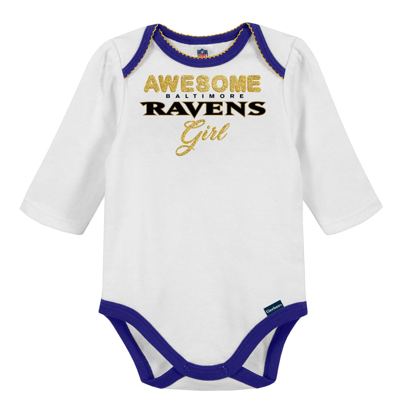 3-Piece Baby Girls Ravens Bodysuit, Footed Pant, & Cap Set