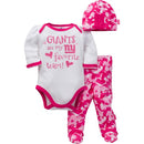 NY Giants Baby Girls 3 Piece Bodysuit, Footed Pant and Cap Set
