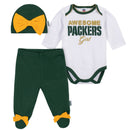 Awesome Packers Baby Girl Bodysuit, Footed Pant & Cap Set