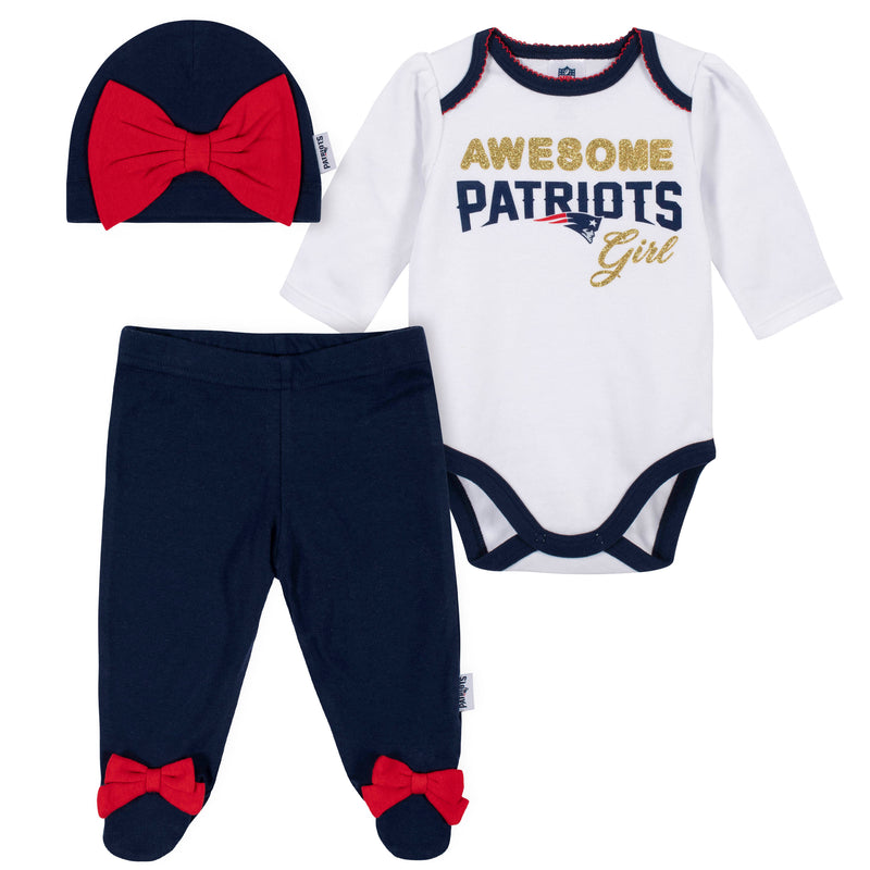 Awesome Patriots Baby Girl Bodysuit, Footed Pant & Cap Set