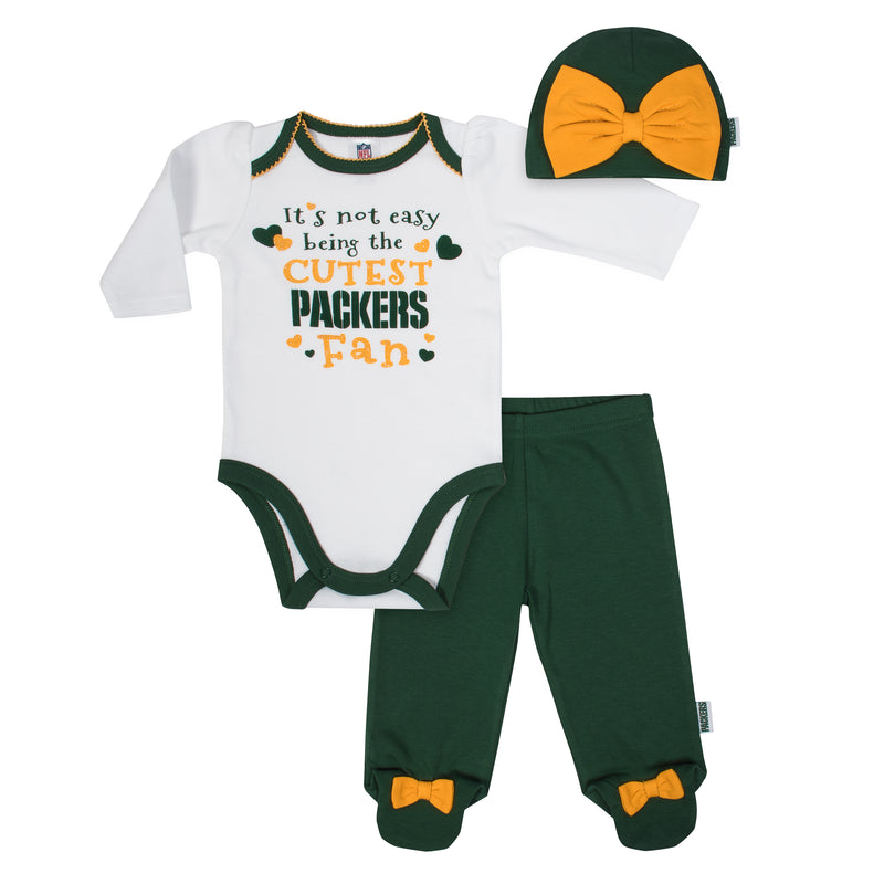 Packers Baby Girl Onesie, Footed Pant & Cap Set