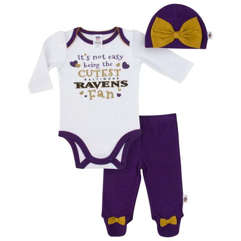 Ravens Baby Girls Bodysuit, Pant and Cap Set