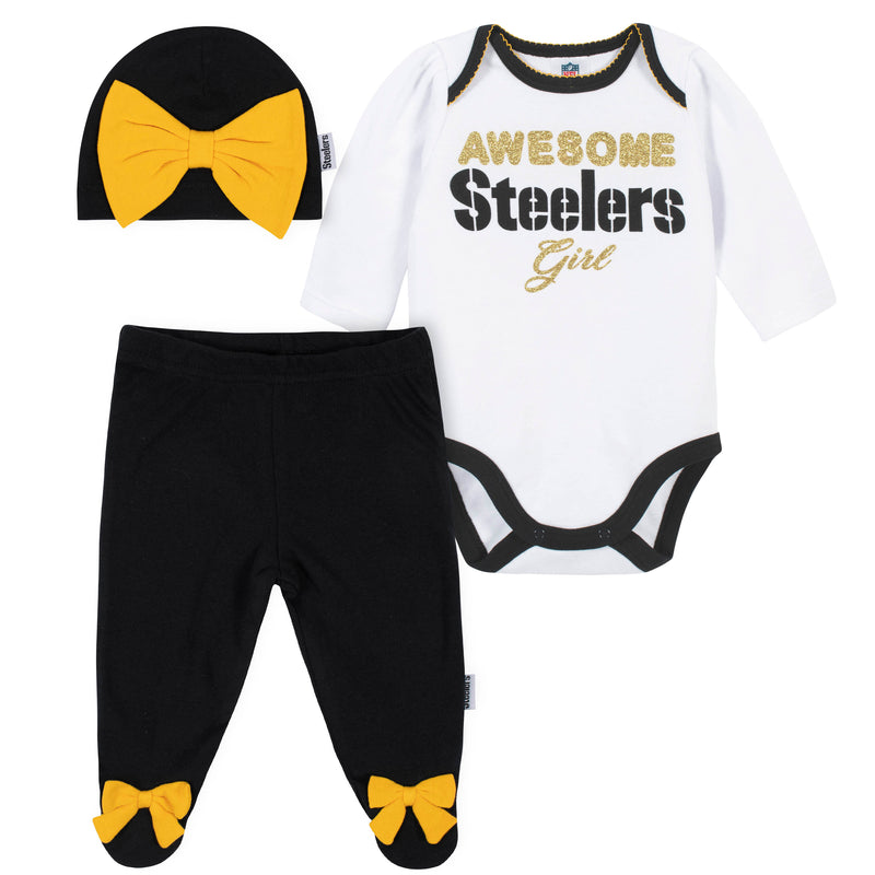 Awesome Steelers Baby Girl Bodysuit, Footed Pant & Cap Set