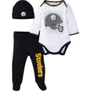 Pittsburgh Steelers 3 Piece Bodysuit, Cap and Footed Pant Set