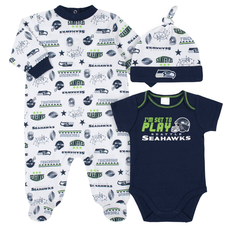 Seahawks Baby Boys 3-Piece Bodysuit, Sleep 'N Play, and Cap Set