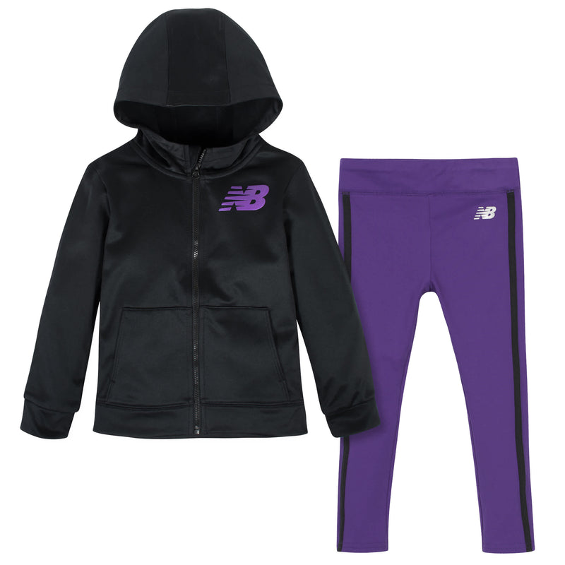New Balance 2-Piece Girls Black/Prism Purple Fleece Hooded Jacket and Tight Set