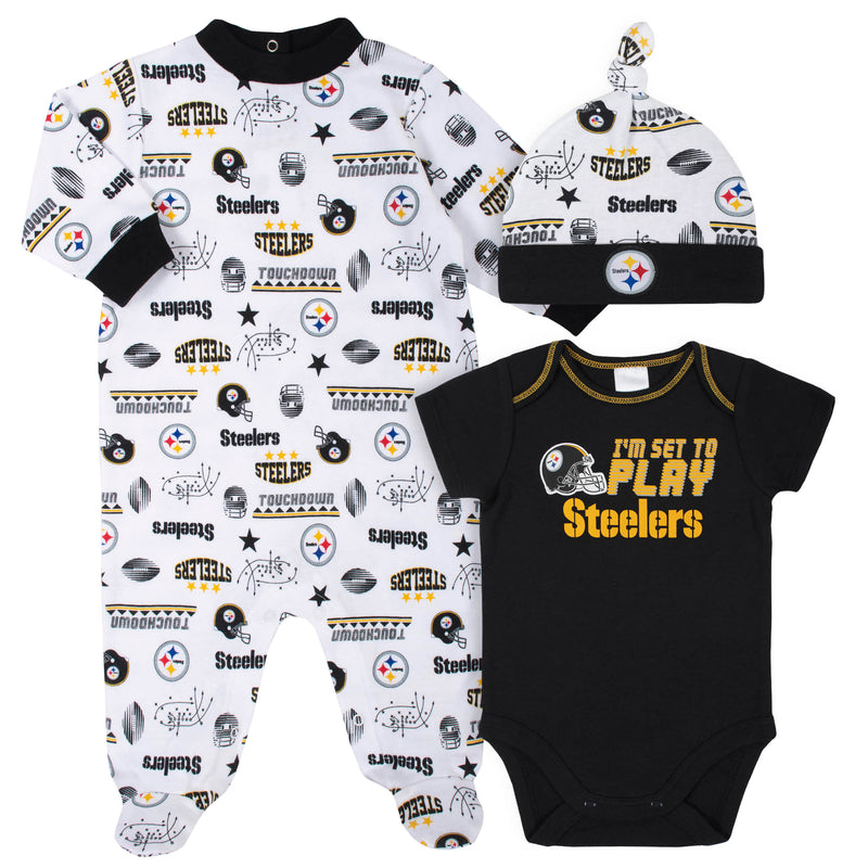 Steelers Baby Boys 3-Piece Bodysuit, Sleep 'N Play, and Cap Set