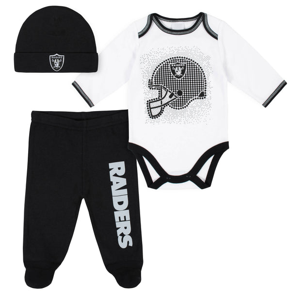 Raiders Baby Boys 3-Piece Bodysuit, Pant, and Cap Set – babyfans